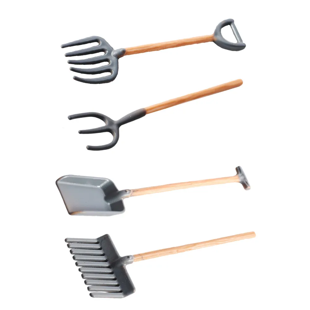 4Pcs 소박한 미니 농장 도구 세트 인형 집 액세서리 용 절묘한 미니어처 갈퀴 삽 미니 조경 장식 교육