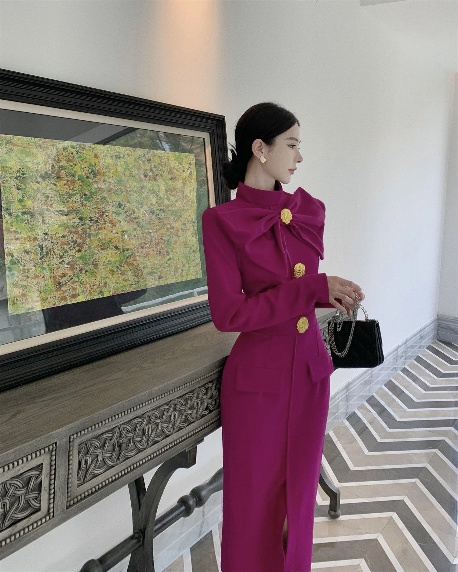 New Autumn Winter French Stand Collar Luxury Runway Chic Bow