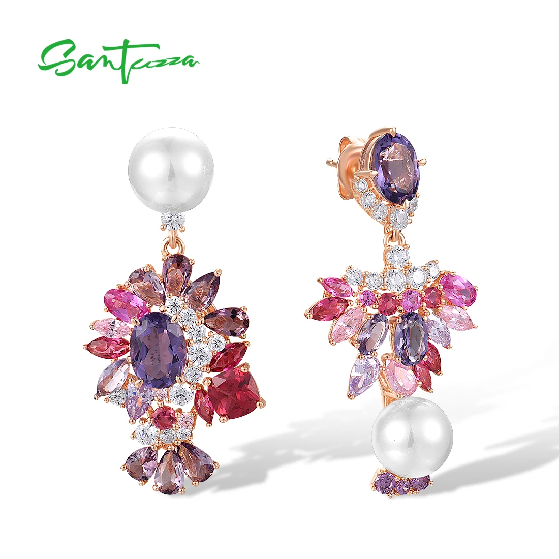 

SANTUZZA Real 925 Sterling Silver Drop Earrings For Women Sparkling Multi Gems Cluster Pink Purple Delicate Wedding Fine Jewelry