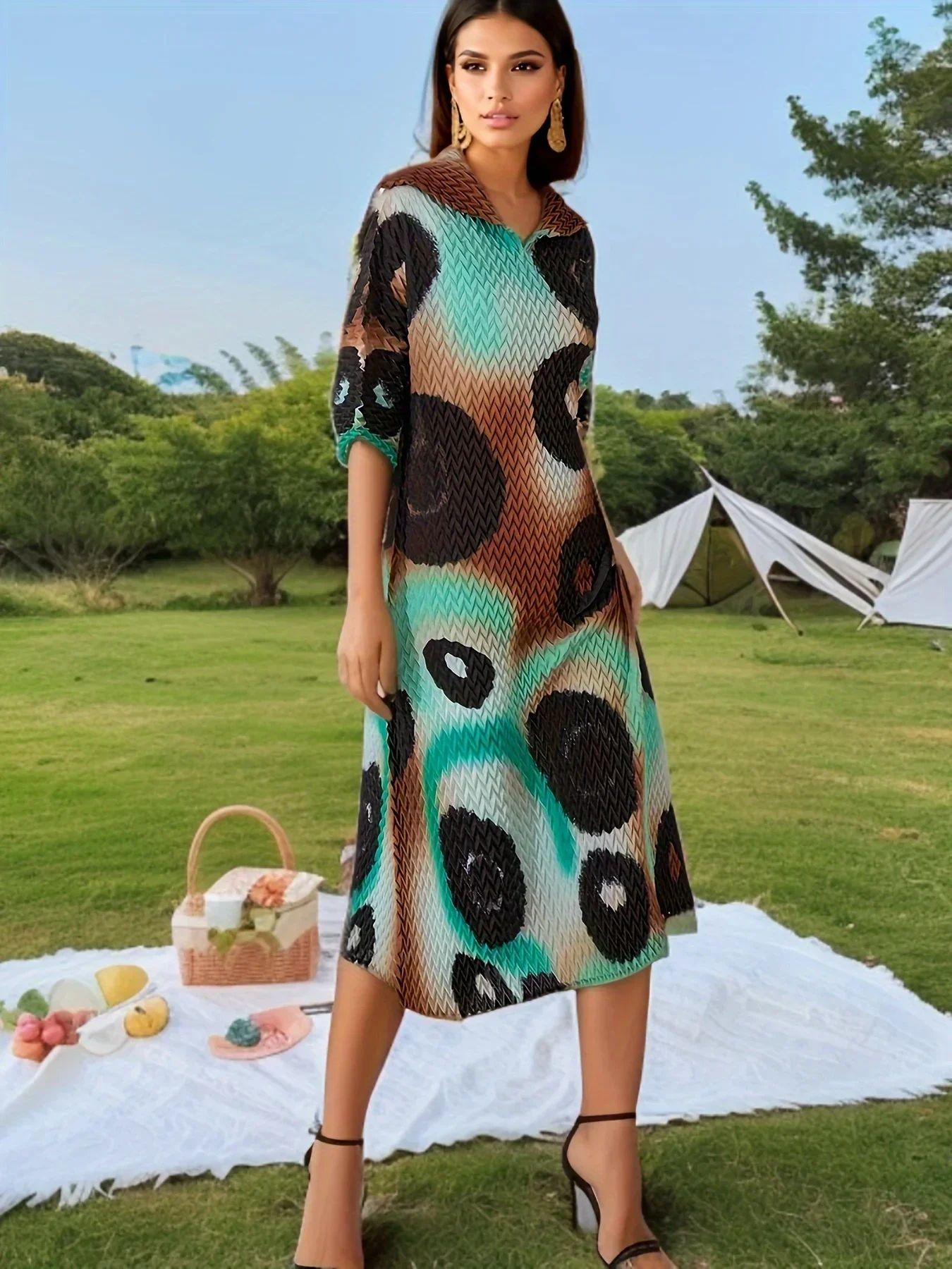

Miyake Pleated Dress Women 2023 Autumn New Fashion Loose Handmade Herringbone Pleated Gradient Printed Lapel Mid-sleeves Dresses