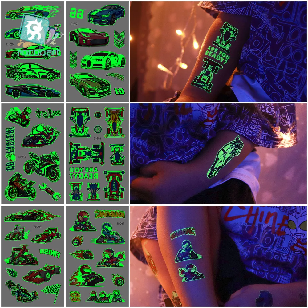 

Size:12x7.5cm New Waterproof Children's Luminous Tattoo Cartoon Cool Racing Temporary Tattoo Sticker