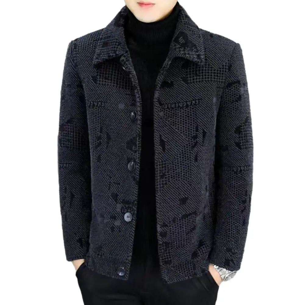 

Fleece Lined Jacket Men's Winter Woolen Coat with Lapel Collar Thick Warm Fleece Lining Versatile Zipper Placket Jacket for Cozy