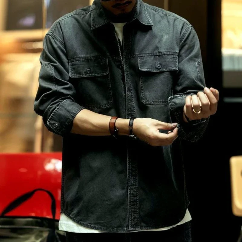 Men\'s Denim Jacket Cargo Shirt Autumn Male Jean Coats Black Big Size Free Shipping Winter Outerwear Joker Clothing Washed Cowboy