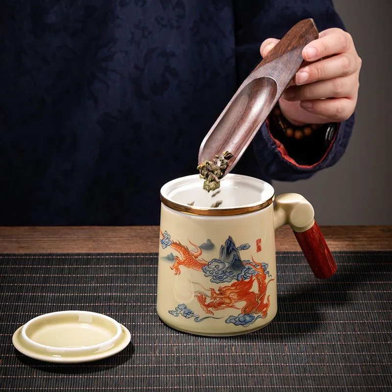 Ceramic Tea Cup with Lid Fish Leaping, Dragon Gate Mug, Personalized Filter, Tea Cup, Tea Separation, Flower Tea Cup, Office Cup