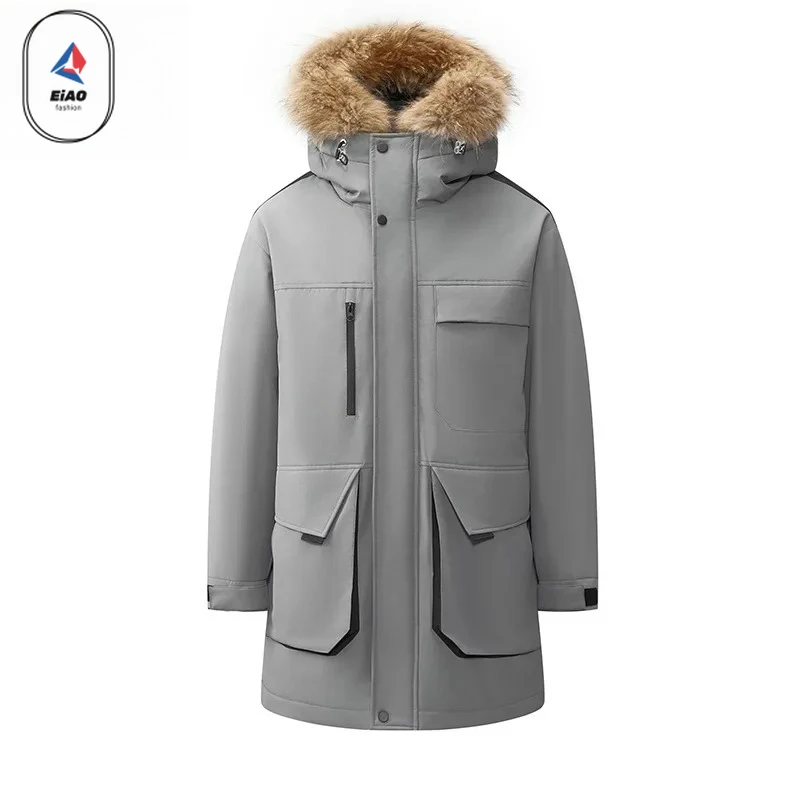 Eiao Hunting Ski White Duck Down Coats Men Fashion Winter 2026 Hard Shell Windproof Big Wool Collar Warm Down Jacket Long Parka
