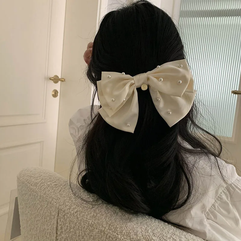 

2022 New Ribbon Bow Banana Clip Cute Pearl Hair Pins Barrette Women Hair Accessories Fashion Solid Color Elegant Hair Claw