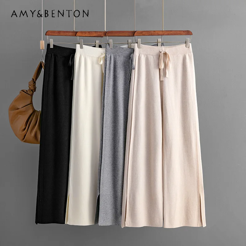 

Slit Knitted Wide-Leg Pants For Women 2023 New Autumn Winter Loose High Waist Slimming Straight Draping Mopping Trousers Female