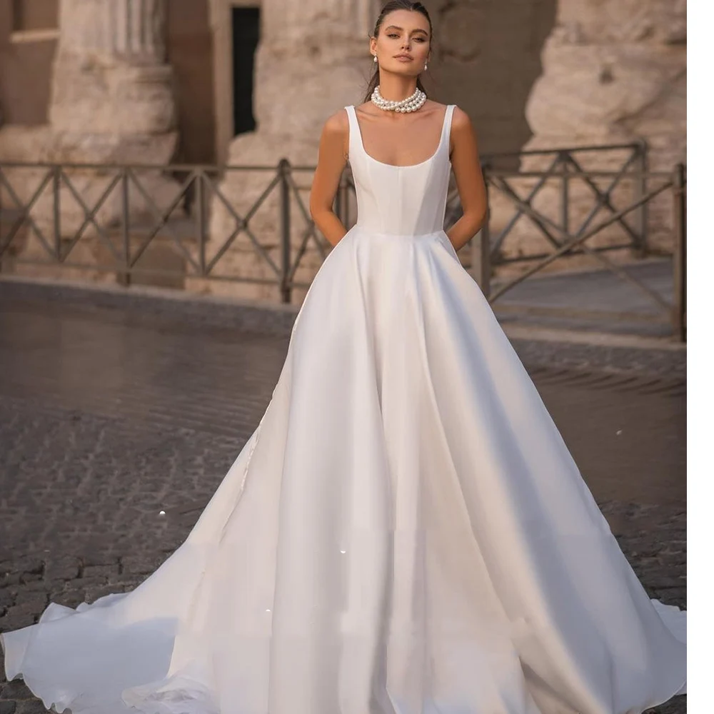 

Boho Wedding Dresses Sleeveless Square Collar Pleat Ruched A-Line Wedding Gown Princess Custom Made To Measuers Floor Length