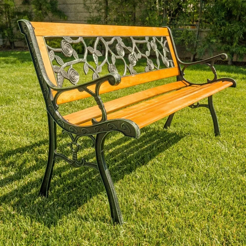 

Garden Bench Patio Bench Porch Bnech Chair Deck Hardwood Cast Iron Love Seat, Black Patio Benches
