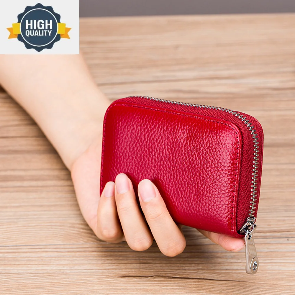 

Women Slots 12 Genuine Leather Card Holder Rfid Blocking Zipper ID Credit Business Cards Bag Soft Cowhide Female Coin Purse 2023