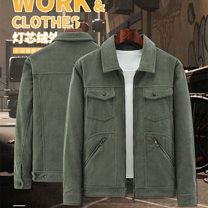 

Corduroy Jacket Men Vintage Style Lightweight Autumn and Winter Jacket Turndown Collar High Street Casual Jacket Men Green Coats