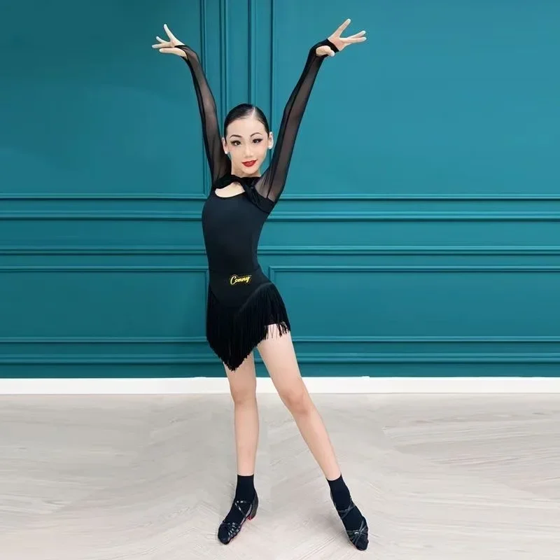 Kids Latin Dance Clothes Girls Black Jumpsuit Long Sleeves Tops Tassel Skirt Cha Cha Rumba Samba Latin American Dance Costumes dance dress