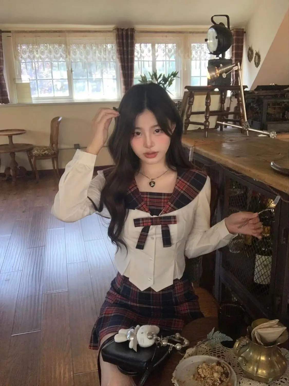 Japanese Kawaii JK Skirts Suit Women Bow Sweet Korean Two Piece Set Female Navy Collar Blouse + Plaid Party Mini Skirts blouses buffalo plaid leopard drawstring lace splicing blouse in multicolor size s