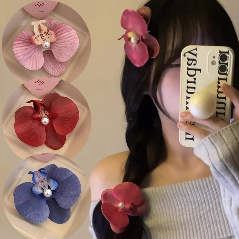 

Korean Sweet Phalaenopsis Flower Hairpin 2024 New Fashion Bohemia Creative Design Cloth Floral Pearl Hair Clip Female Headdress