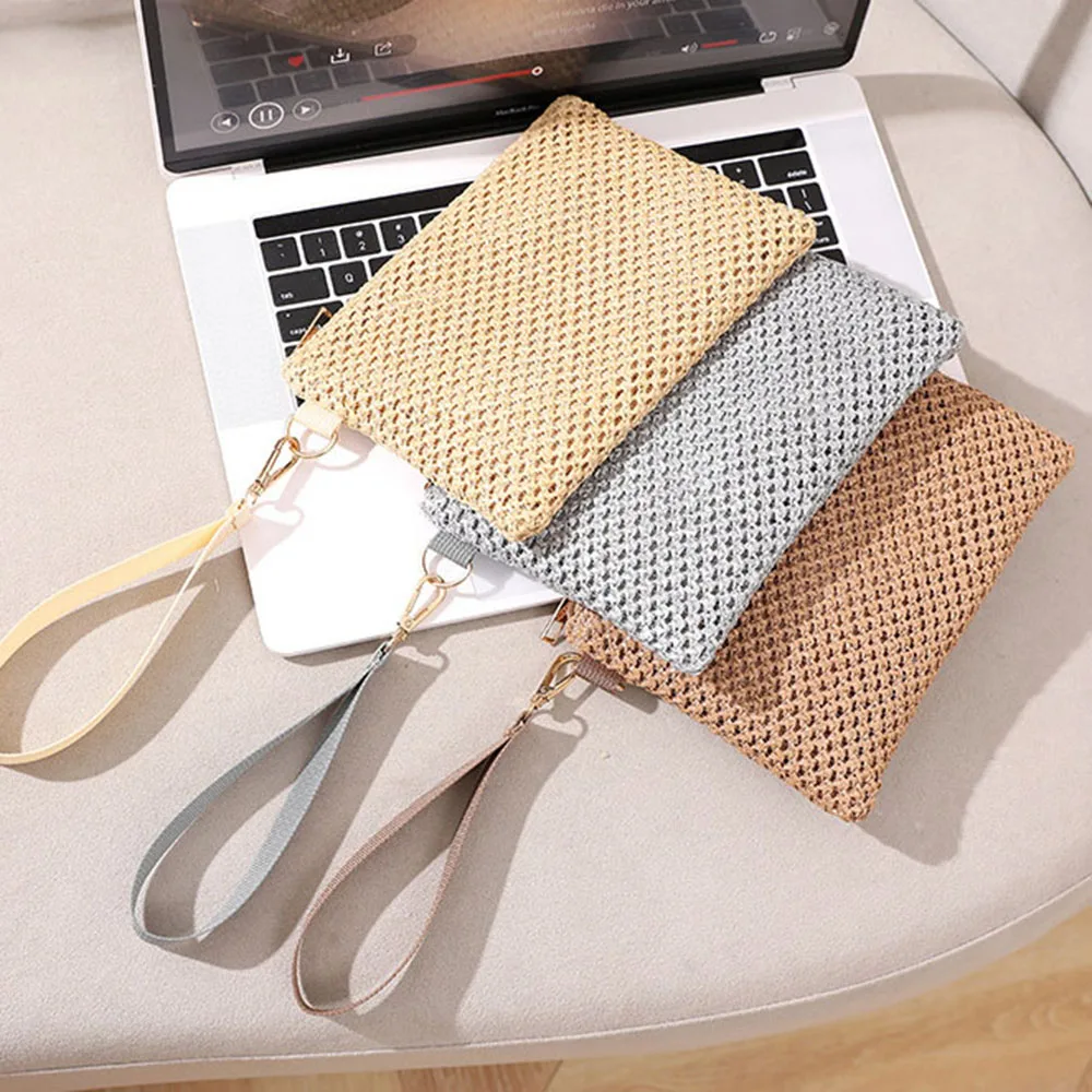 Weaving Bag Fashion Ladies Wristlet Clutch Women Daily Money Phone Clutch Solid Straw Woven Coin Purse Beach Wallet Card Holder 6