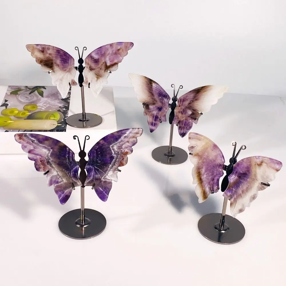 

With Stand Reiki Stone Wings Carving Natural Crystal Natural Clear Quartz Carved Ornaments Purple Amethyst Gemstone Office