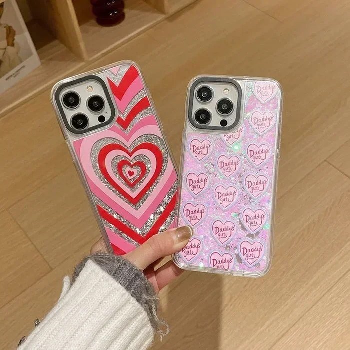 Transparent Border Silver Quicksand Pink Heart iPhone 12 13 14 15 Pro Max Case - Protective iPhone Case