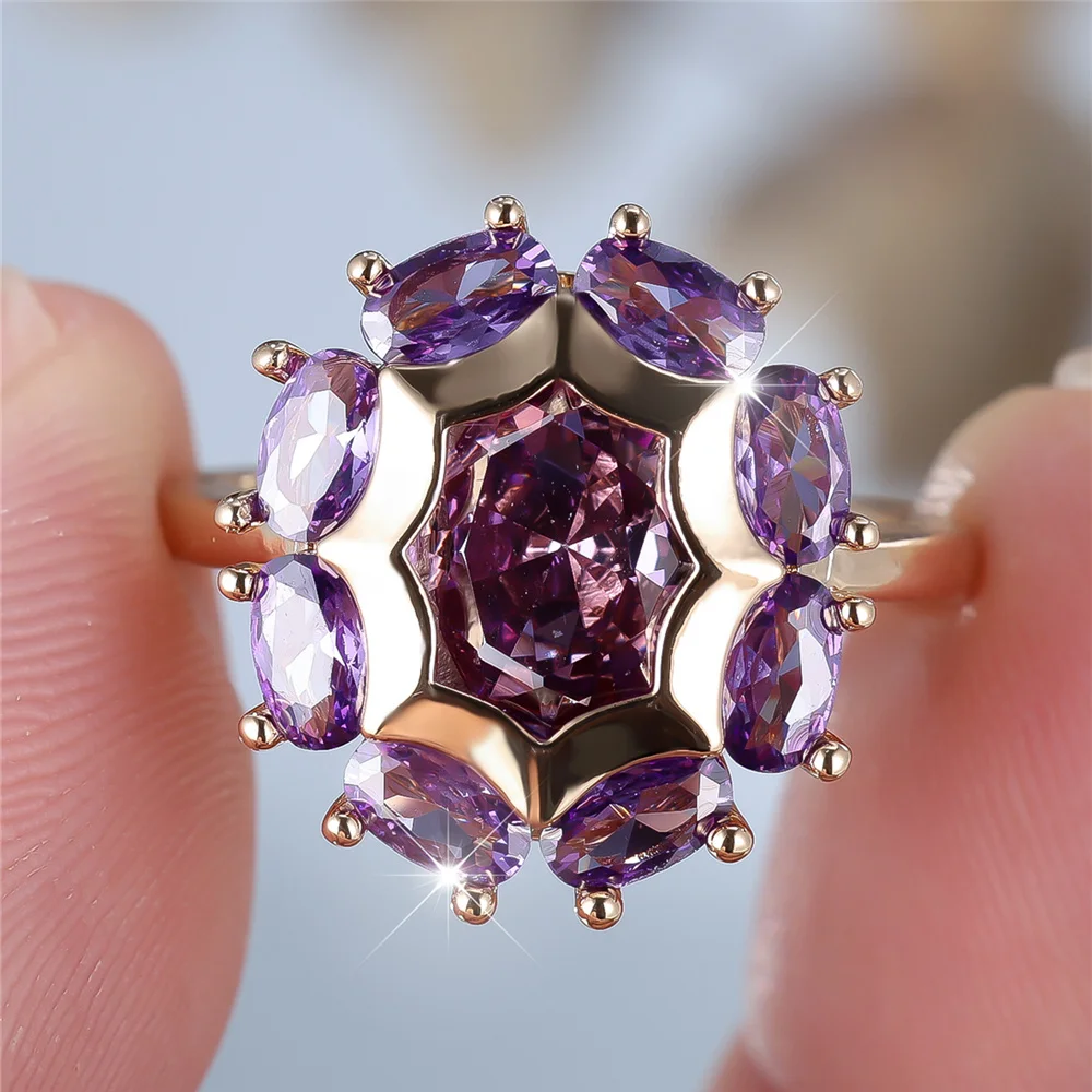 Charm Female Purple Zircon Stone Oval Engagement Ring Vintage Yellow Gold Color Wedding Jewelry For Women