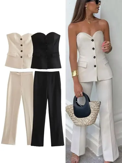 HH Women Elegant Solid Pant Suit Front Button Strapless Sexy Tank Tops + Side Slit Trouser Female Fashion Streetwear Sets 1