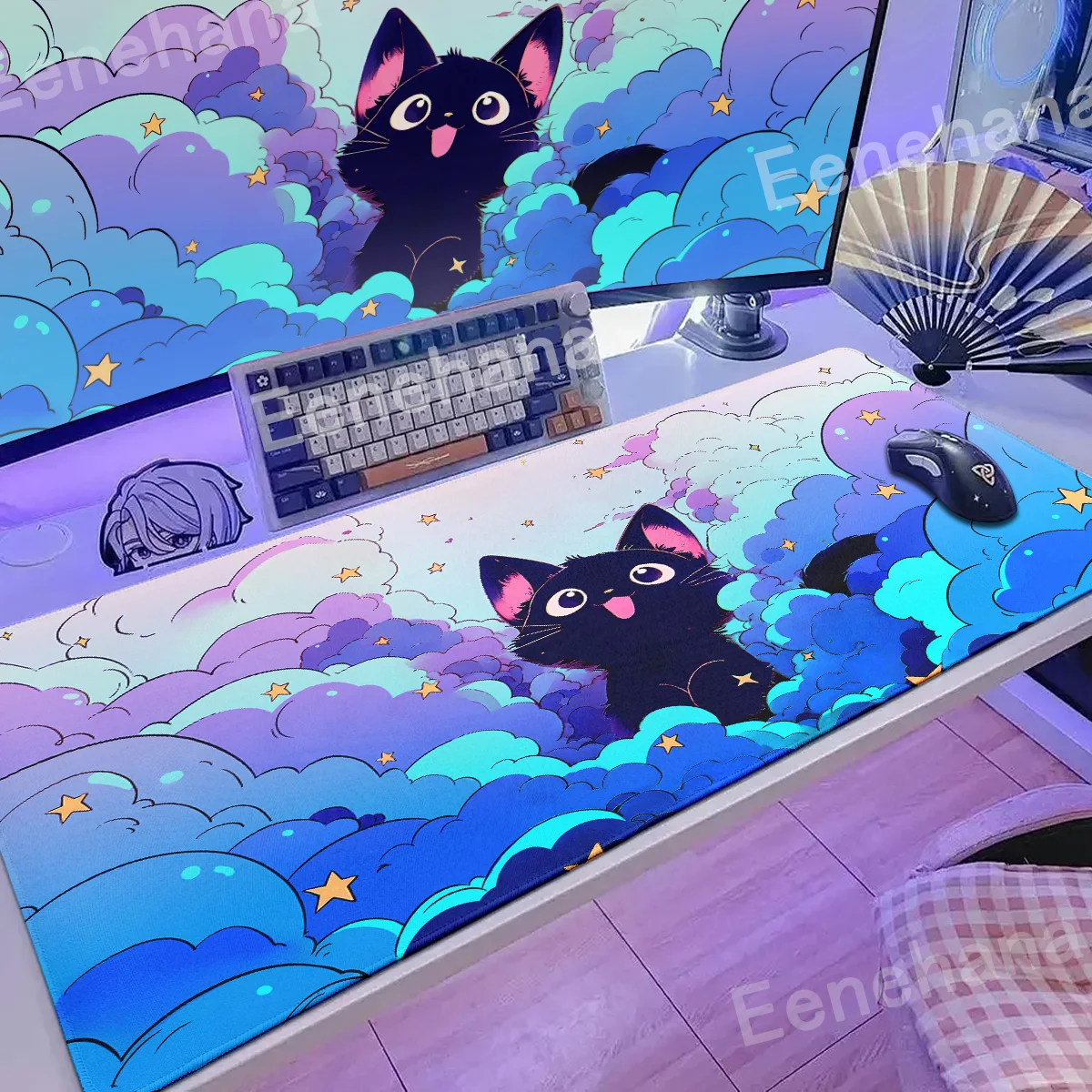 The Black Cat on the Clouds Keyboard Mouse pad Kawaii Art style patterns Pink Desk Mat PC Gamer Rug Office Carpet Home Table pad — view 3