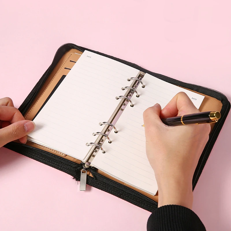 Portable Leather A6 Binder Budget Planner Notebook Pockets Zipper Bags Caculator 6 Hole Binder Covers Folder for School Office