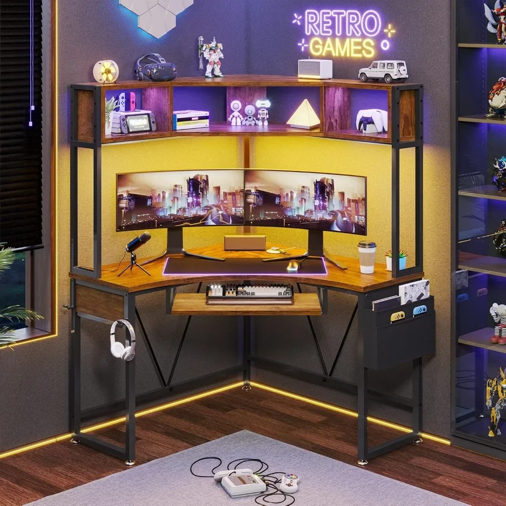 Small Computer Desk with Hutch & LED Lights, Triangle Corner Computer Desk with Keyboard Tray, Storage Bag 6
