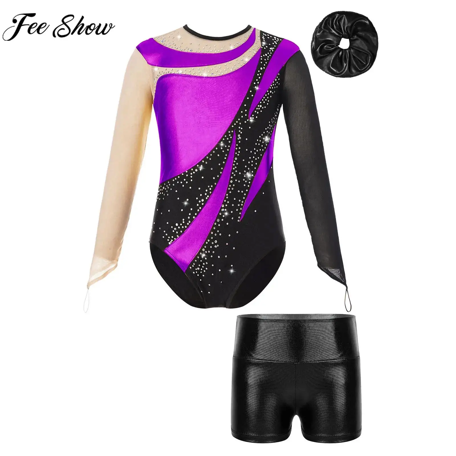 

Girls Ballet Gymnastic Dance Leotard Figure Skating Acrobatics Performance Costume Long Sleeve Bodysuit with Shorts Hair Band