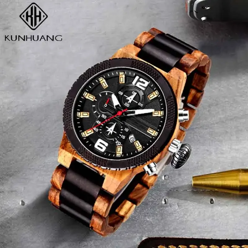 KUNHUANG Luxury Luminous Wooden Chronograph Men's Watch