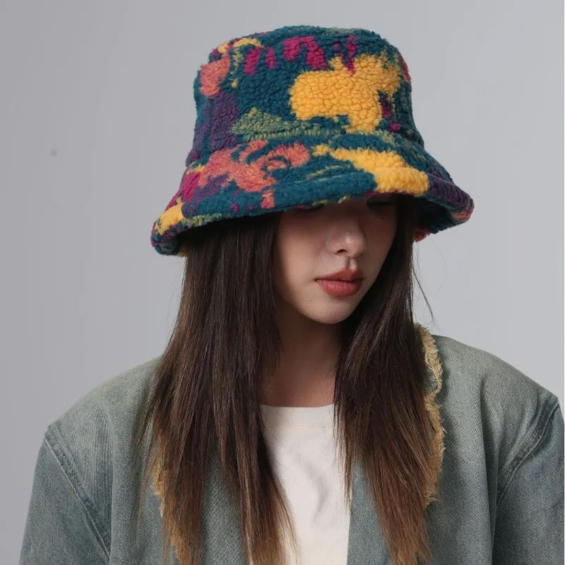 

New Creative Colorful Bucket Hat Women Autumn and Winter Warm Fashion Lamb Wool Basin Cap Men Casual Camouflage Panama Hat Gorra