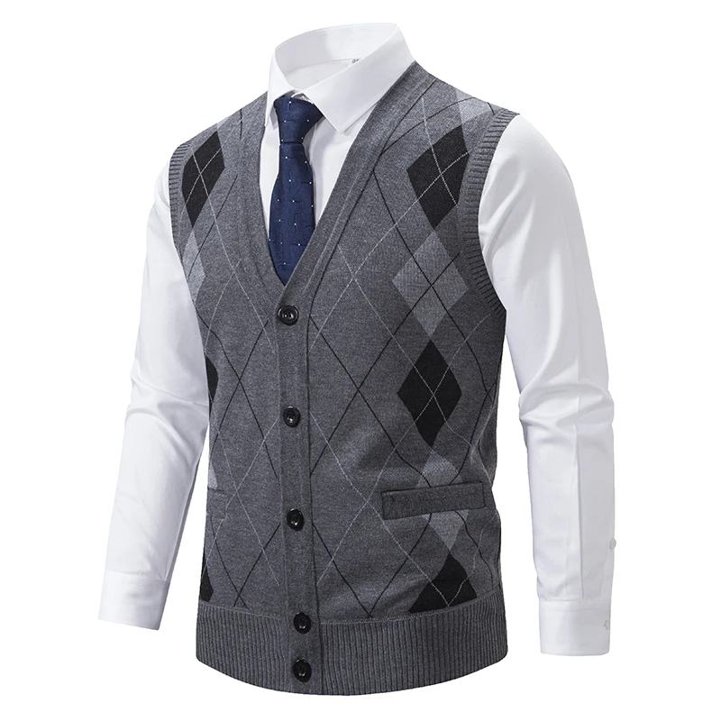 Men Sweater Vests Spring Autumn Sleeveless Fleece Warm Knitted Checkered Business Casual Button Up Coat