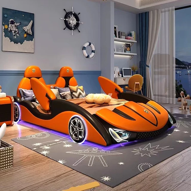 Característica-cama para niños con barandilla, coche deportivo, cama de  coche de dibujos animados, 1,5 m, cama de cuero con almacenamiento y puerta  - AliExpress