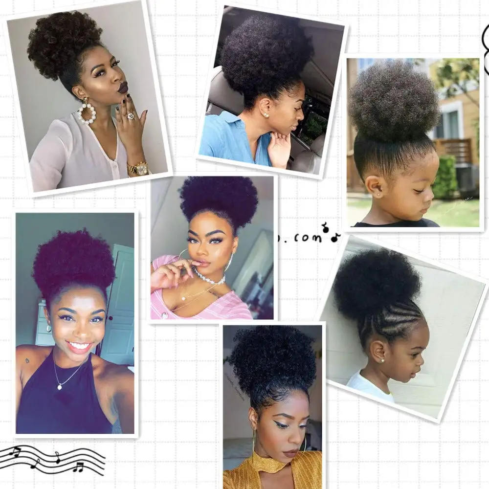 8Inch Synthetic Afro Hair Bun Puff Drawstring Ponytail Extension For Black Women Large Short Kinky Curly Afro Bun Hairpiece images - 6