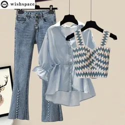 2022 Summer New Elegant Women's Pants Set Casual Sunscreen Chiffon Shirt Wave Vest Jeans Three Piece Set Female Trousers Coat