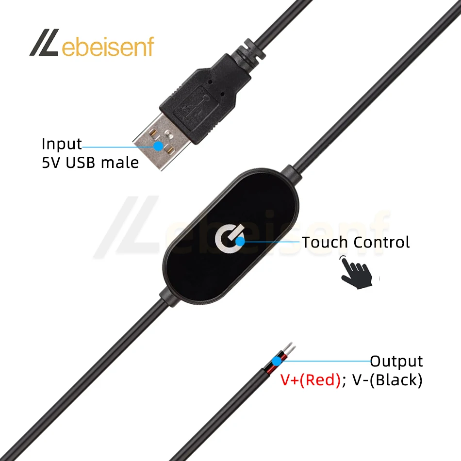 USB Touch Dimming Switch Cable, Controlador Dimmer para Single Channel LED Strip Lights, 1.5m, saída de 2 fios, 1.5m, 2A, 5-100%
