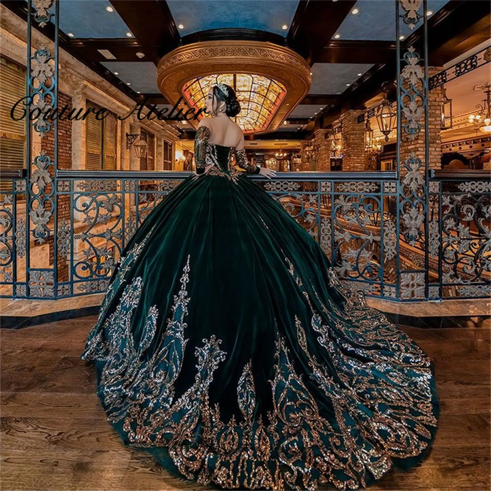 Dark Green Velvet Gold Sequin Applique Ball Gown Quinceanera