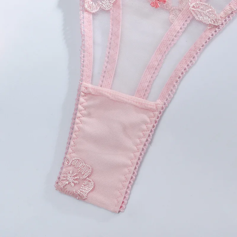 underwear set Pink Bra set  women's fashion gauze flower sexy garter three-piece set womens lingerie  sexy lace lingere set cheap underwear sets