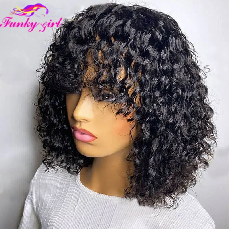 Parrucca corta per capelli umani ricci Bob con frangia Parrucche ricci taglio Pixie Bob Onda d'acqua Parrucche economiche nere naturali a macchina completa per le donne - immagine 2