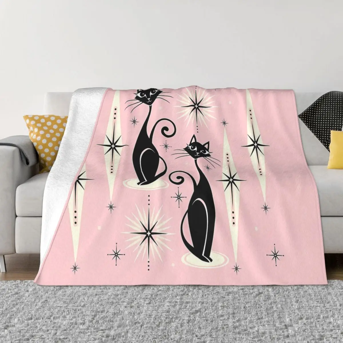

Atomic Cat Old Style Blanket Flannel Decoration Mid Century Meow Retro Portable Home Bedspread