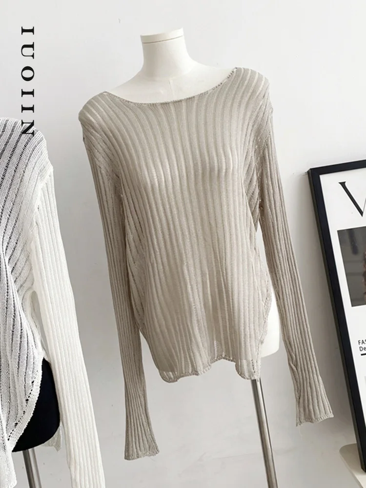

IUOIIN Solid Pullover Women Sweaters 2023 Autumn Winter Korean Fashion Soft Designer Hole Pullovers Basic O-Neck Casual Sweater