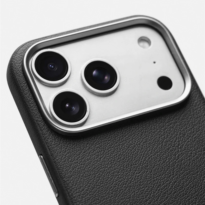 Premium PU Leather Magnetic Phone Case with Alloy Lens for Wireless Charging & Camera Protection