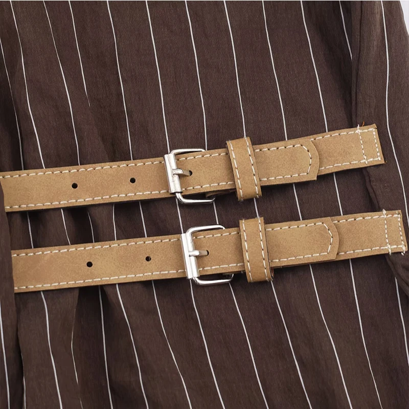 Women's Stripe Shirt Spring Autumn New Long-Sleeve Brown Shirt With Waist Buckle Decoration Loose Fit Casual Blouse Top ﻿