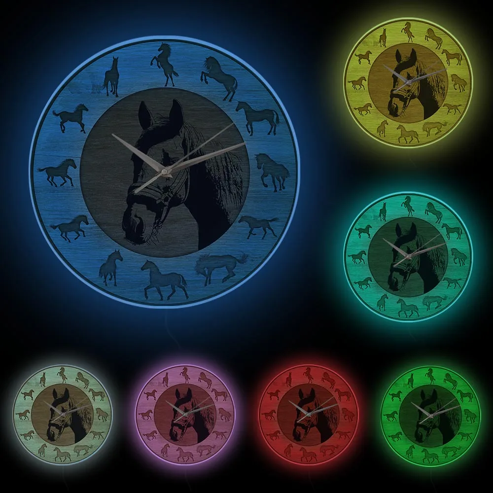 Running Horses Silhouettes Wall Clock Wood Grain Texture Printed Wall Clock White Frame With LED  