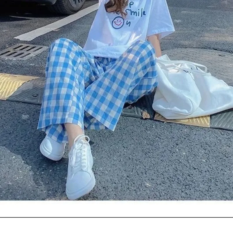 Women's Spring Autumn Elastic Waist Plaid Solid Shirring Wide Leg Casual Loose Trousers Fashion Office Lady Young Style Pants