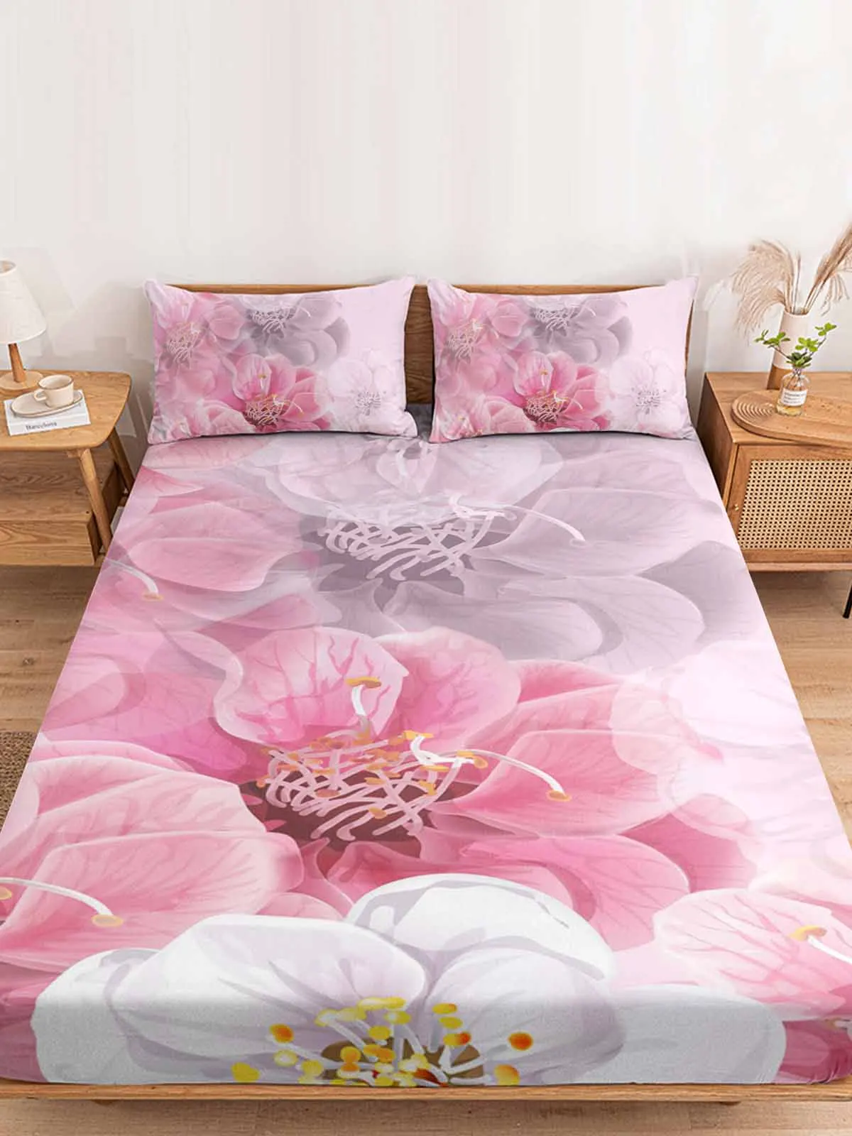 

Spring Flower Pink Fitted Bed Sheet Cover Elastic Band Anti-slip Mattress Protector for Single Double King
