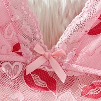 New Women's Lip Print Heart-shaped Printed See Through Pink Lace Backless Nightgown Babydolls Pajama Dress Set - Image 3