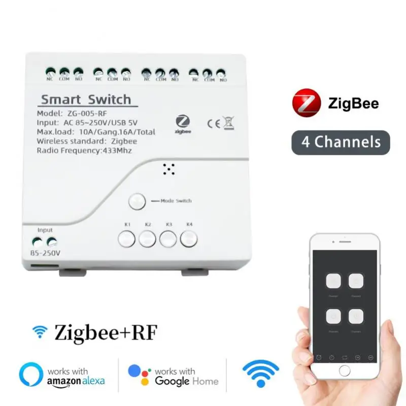 

Tuya Zigbee 4CH Smart Light Switch Module 85-250V Relay Smart Home APP Remote Control Works With Gateway Alexa Google Assistant