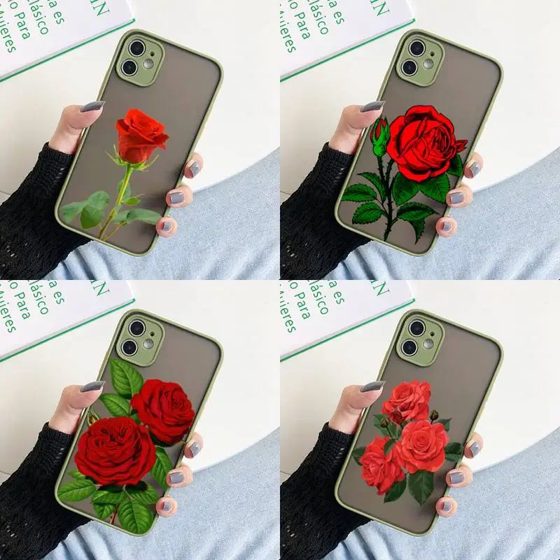 Red Rose Flower Clear Phone Case For Iphone 11 12 13 Pro Max X Xs Max Xr 6S 8 7 Plus Matte Army Green Back Phone Covers