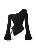 women's New off shoulder cross long sleeved slim fit casual street style asymmetrical elegant T-shirt trumpet sleeve top - Image 2