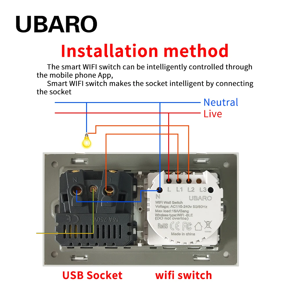 UBARO EU Standard Smart Touch Switch With USB Socket Tempered Crystal Glass Panel 220V Breaker Plug Work With Smart Life Tuya