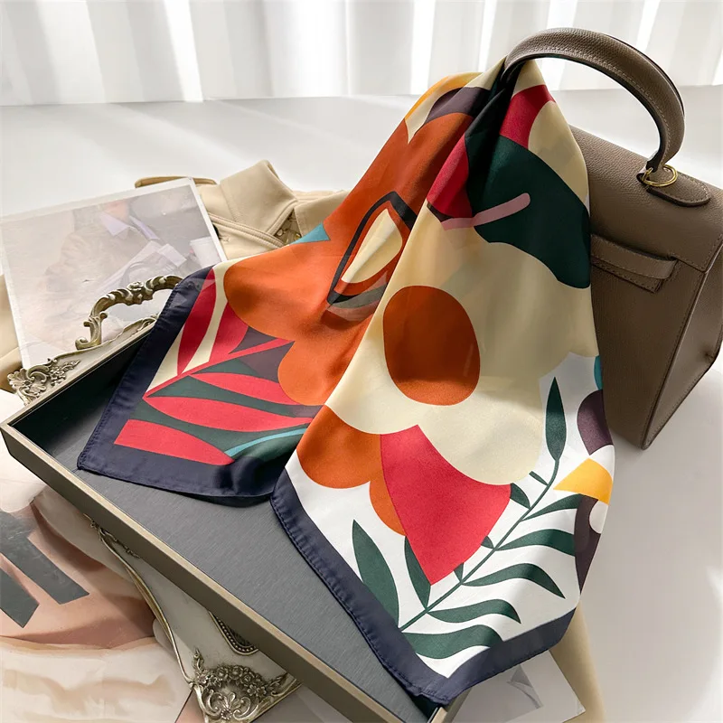 70*70cm Silk Square Scarf Women Soft Flower Print Hairband Foulard Neckerchief Hijab Tie Bag Ribbon Headband Fashion Decoration 5
